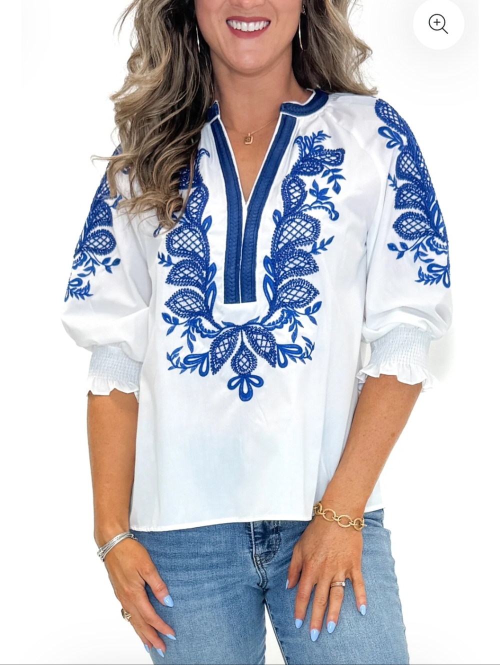 Entro White Embroidered Split-Neck Top with Blue Detailing